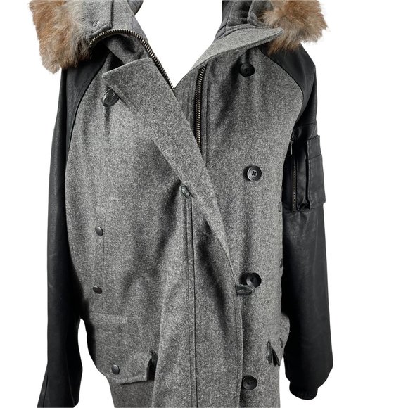 New Rag & Bone Wool Leather Faux Fur Trim Zip Up Hooded Coat Quilted Lining - Picture 5 of 15